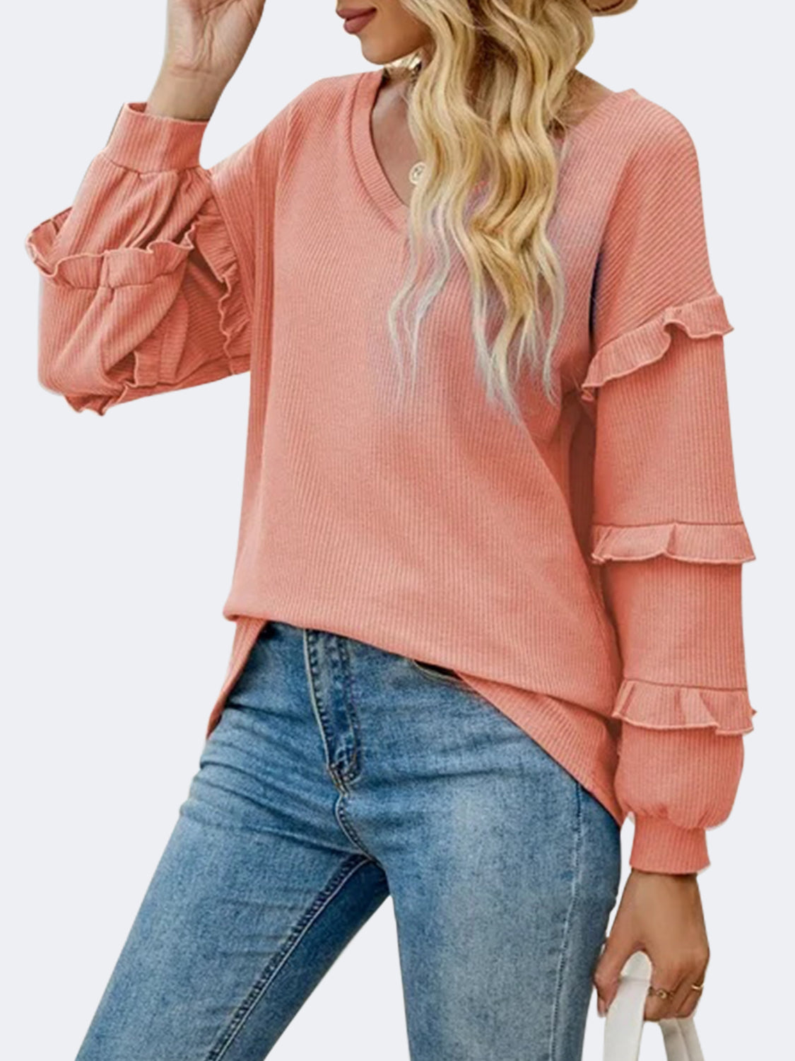 Roberta Ruffled V-Neck Long Sleeve T-Shirt