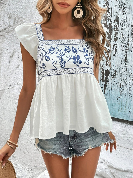 Rosarito Embroidered Square Neck Cap Sleeve Blouse