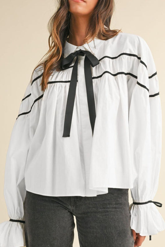 Robby Ribbon Bowtie Collared Neck Flounce Sleeve Shirt