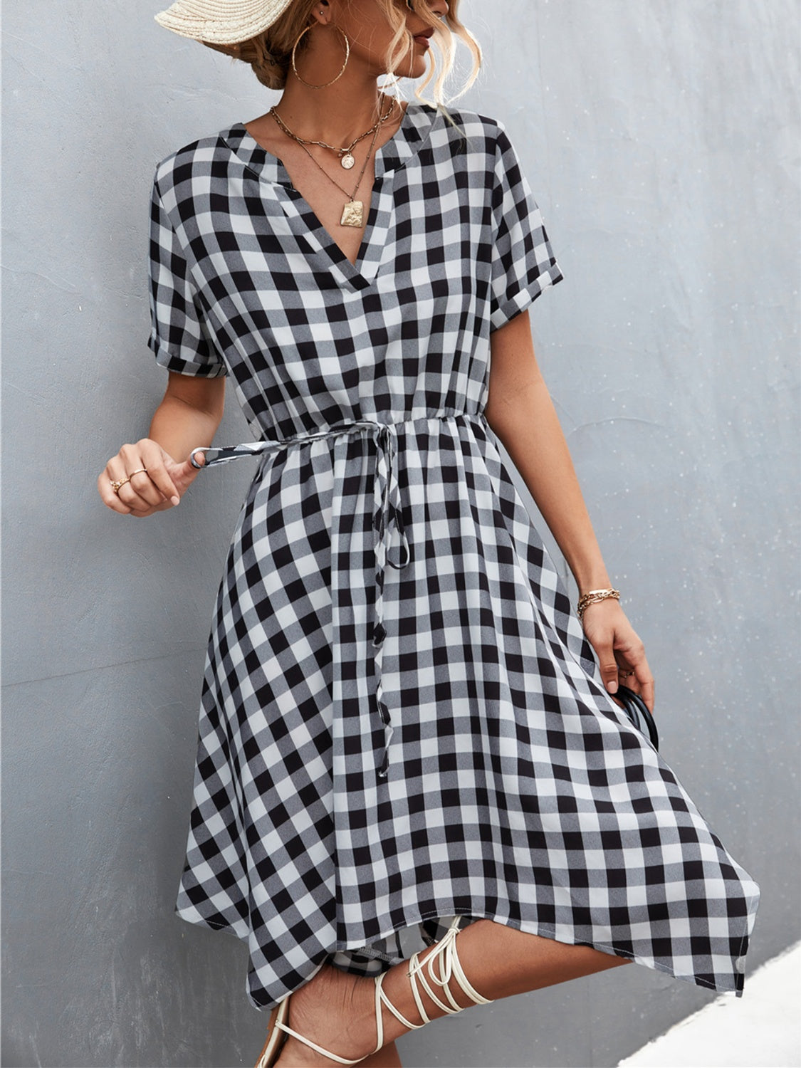 Sandwich Short Of a Picnic Plaid Notched Short Sleeve Dress