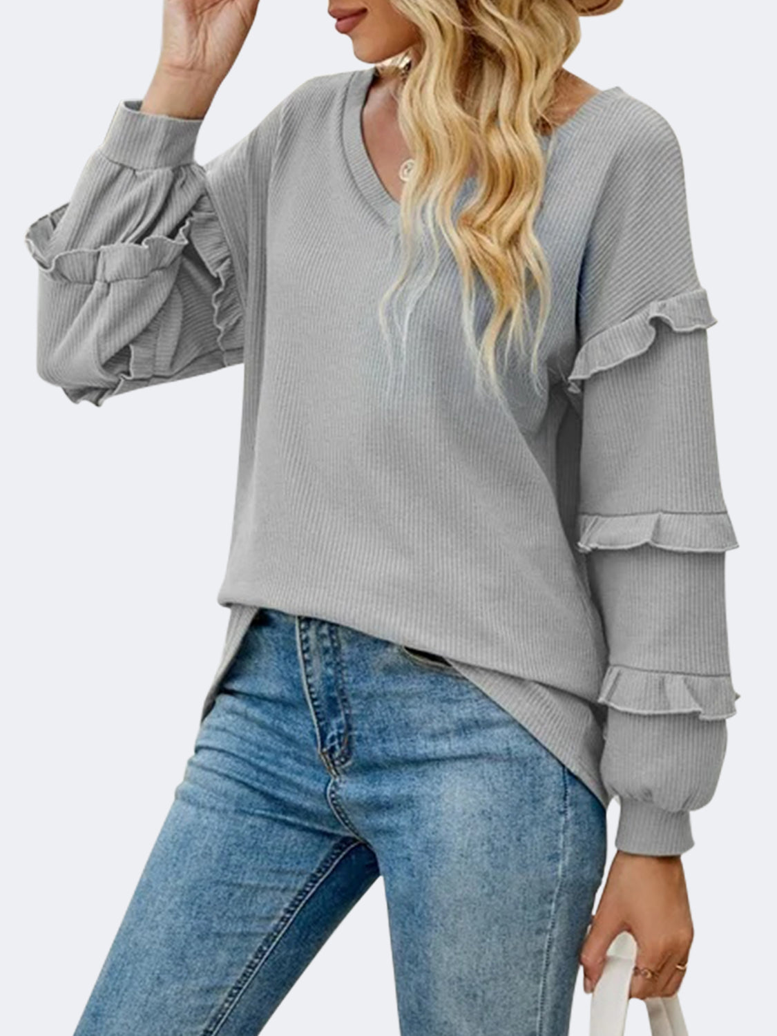 Roberta Ruffled V-Neck Long Sleeve T-Shirt
