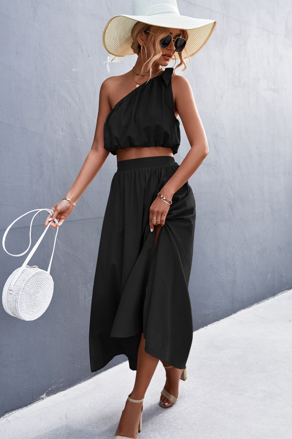 Palm Canyon One-Shoulder Sleeveless Cropped Top and Skirt Set