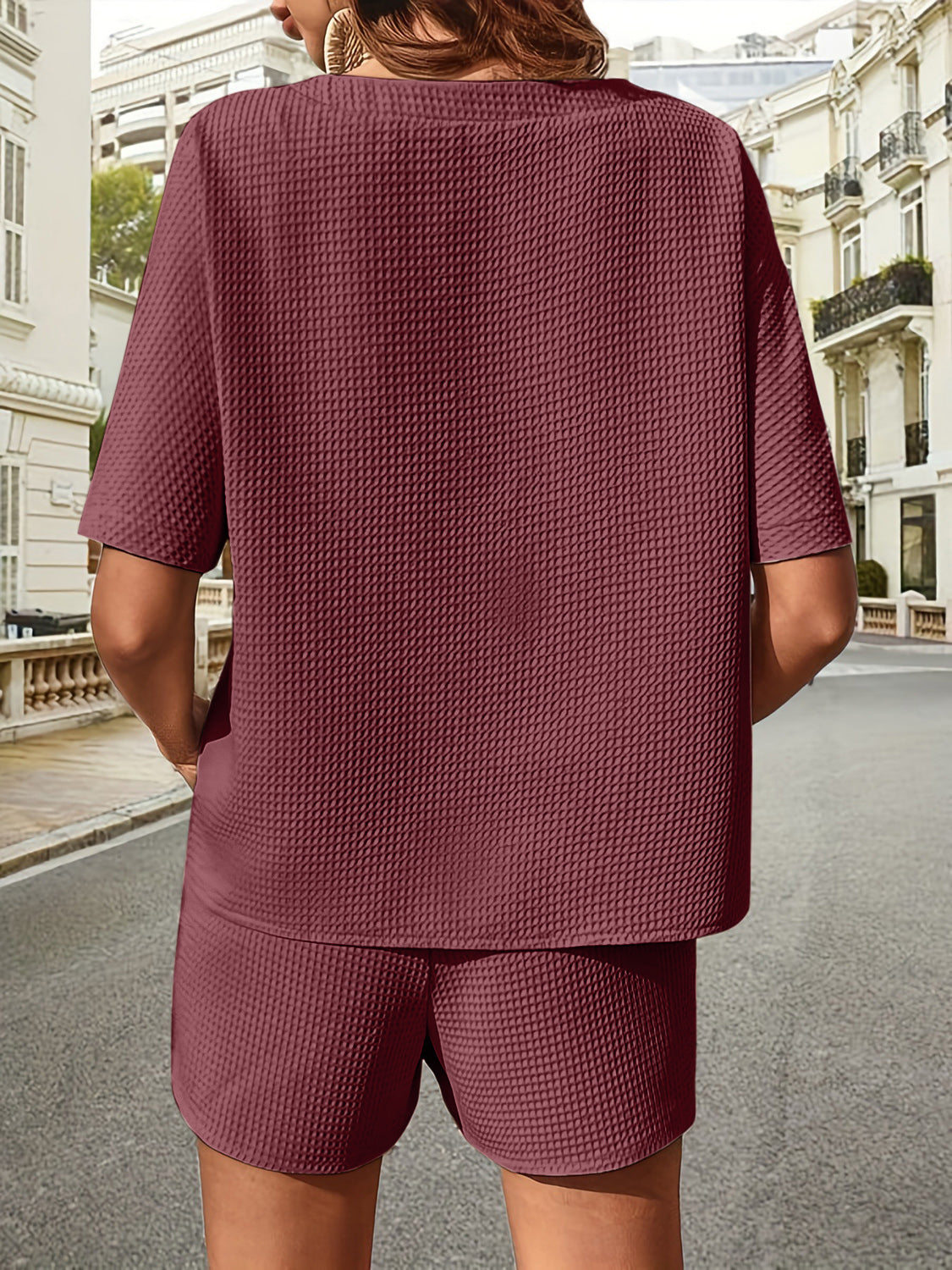 Walk about Italia Waffle-Knit Half Sleeve Top and Shorts Set