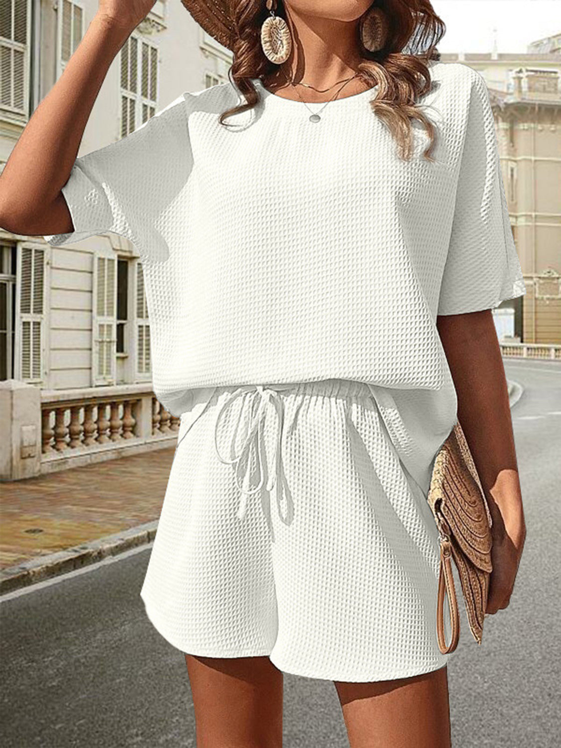 Walk about Italia Waffle-Knit Half Sleeve Top and Shorts Set