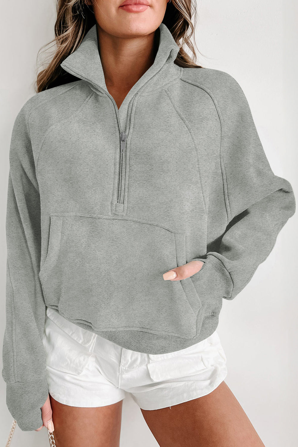 Monica Zip Up Stand Collar Thumbhole Sleeve Sweatshirt