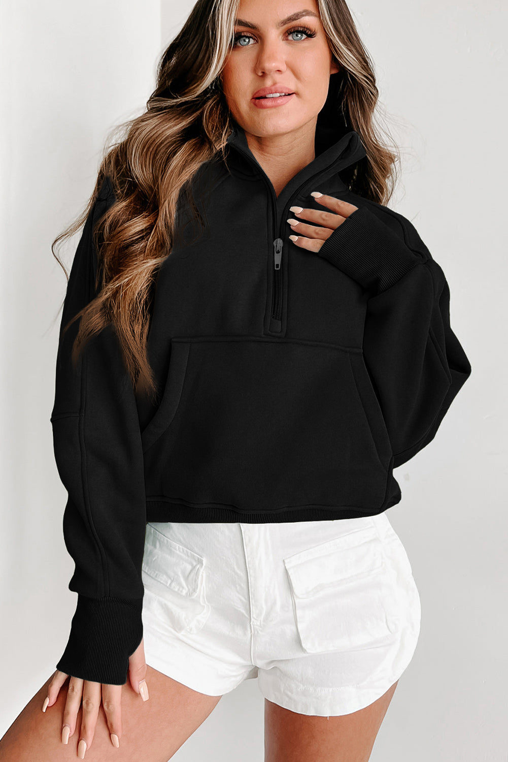 Monica Zip Up Stand Collar Thumbhole Sleeve Sweatshirt