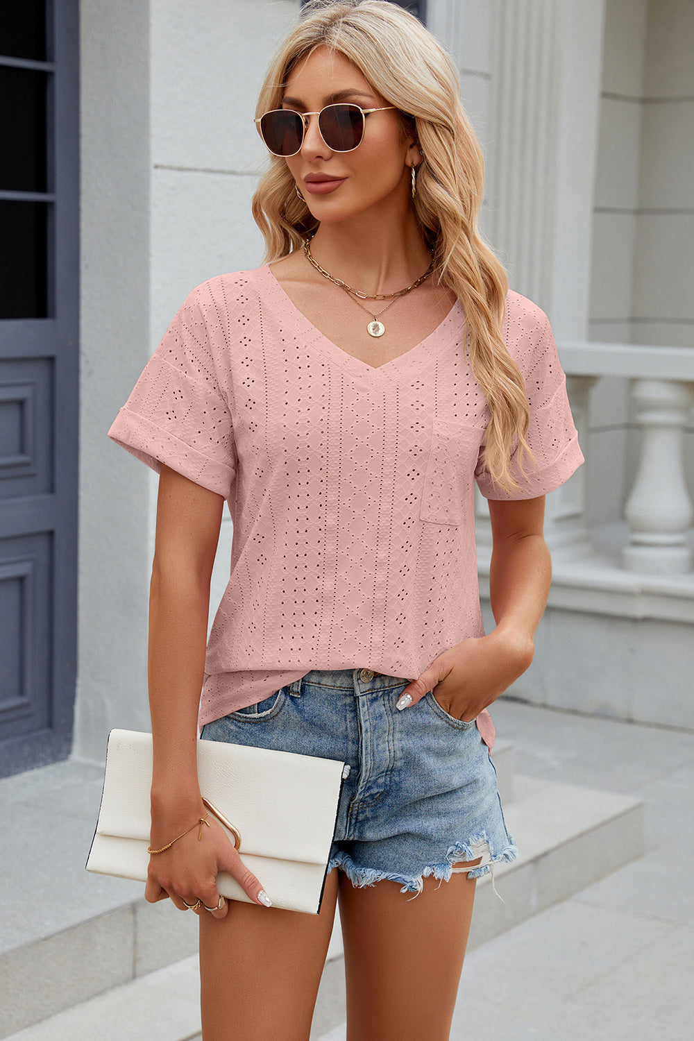 Eisley Eyelet V-Neck Short Sleeve T-Shirt