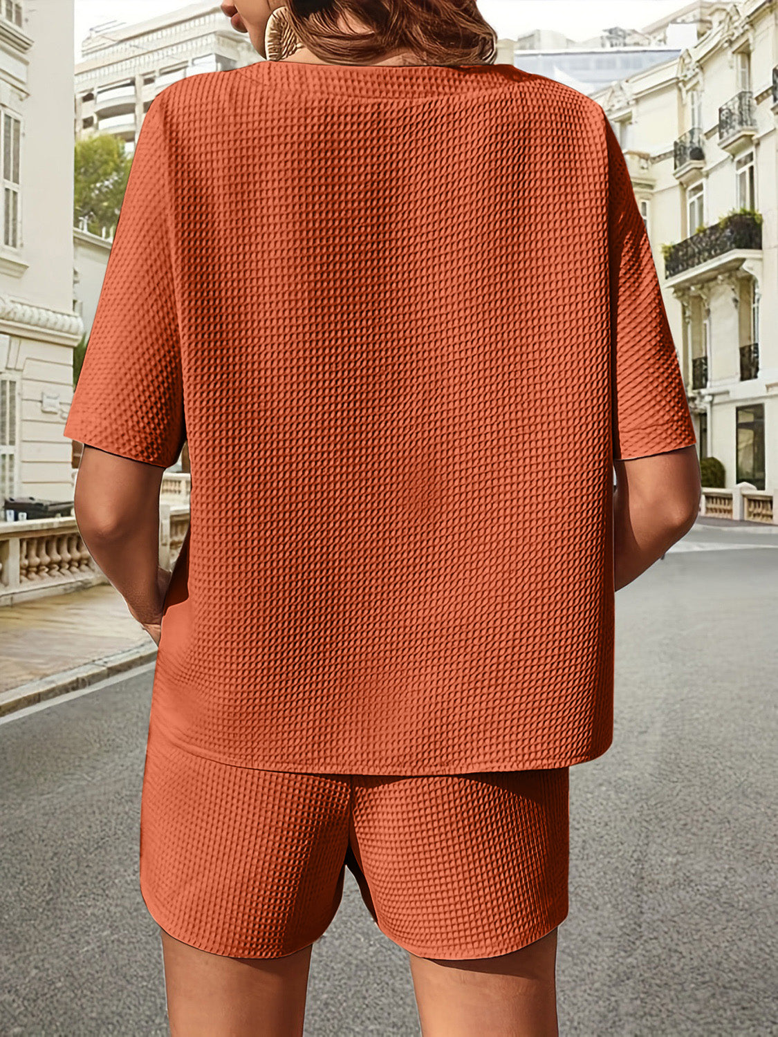 Walk about Italia Waffle-Knit Half Sleeve Top and Shorts Set