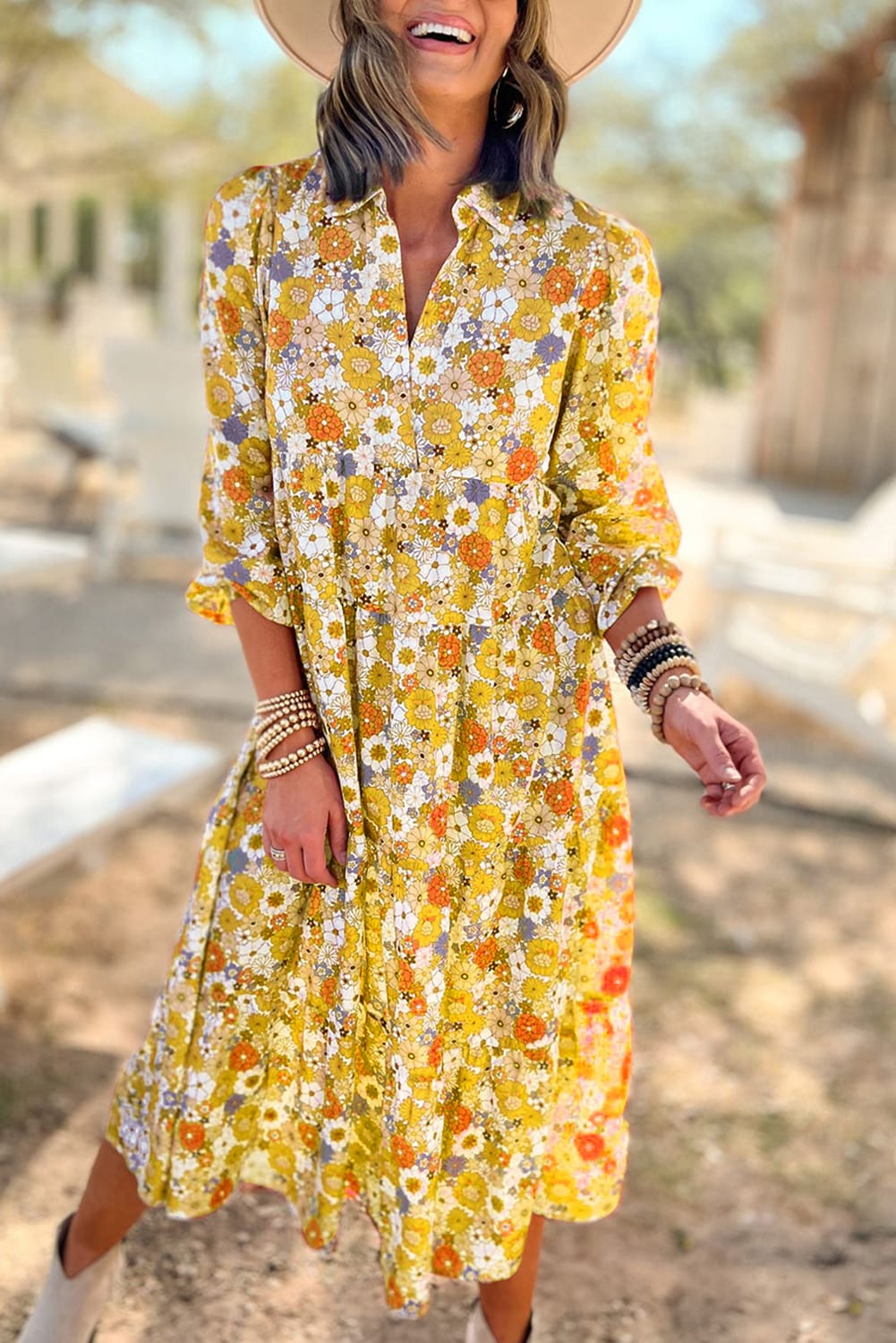 Yoko Ono Yellow Boho Floral Collared Long Sleeve Dress