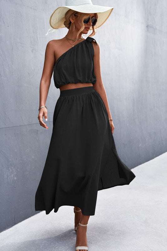 Palm Canyon One-Shoulder Sleeveless Cropped Top and Skirt Set