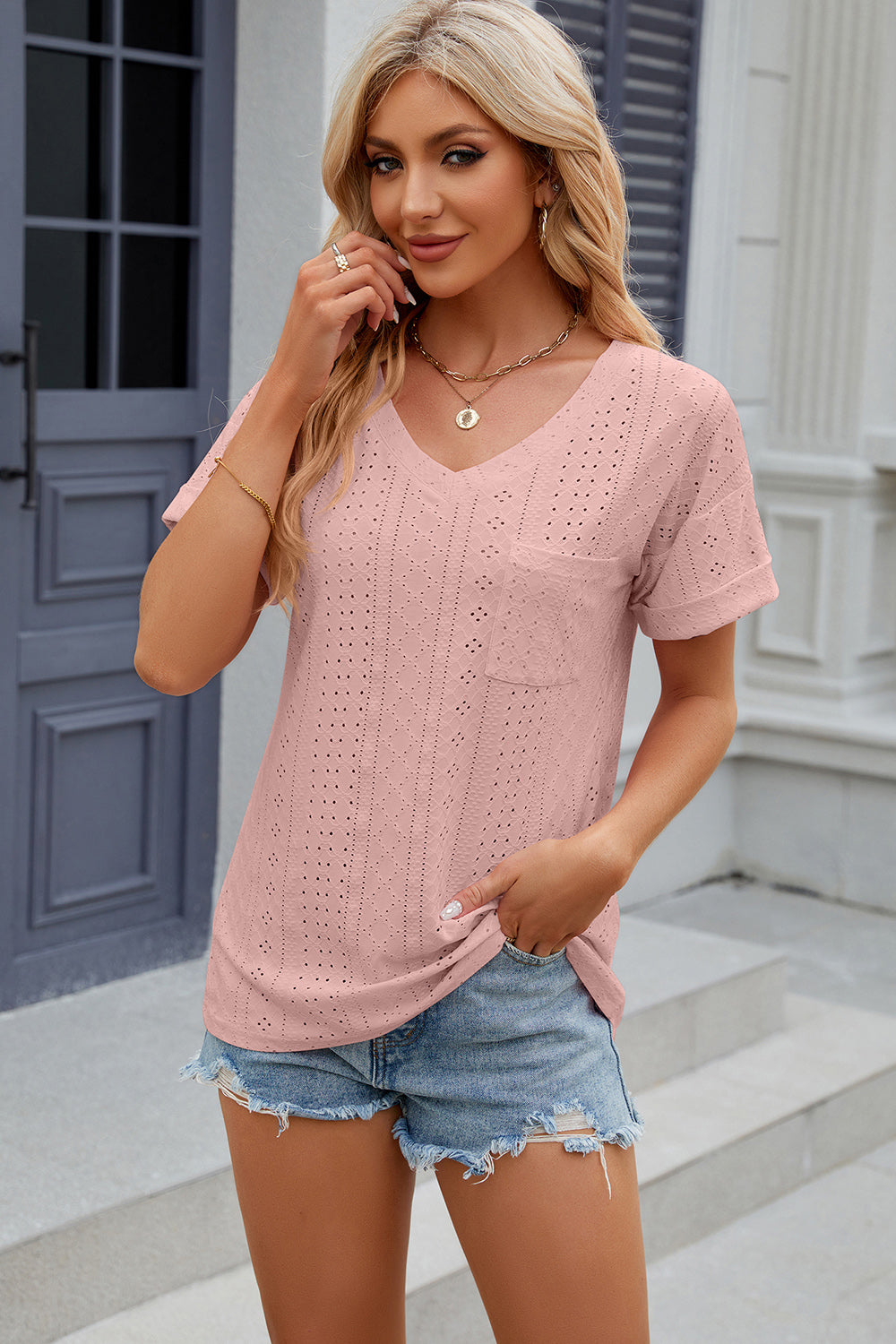 Eisley Eyelet V-Neck Short Sleeve T-Shirt