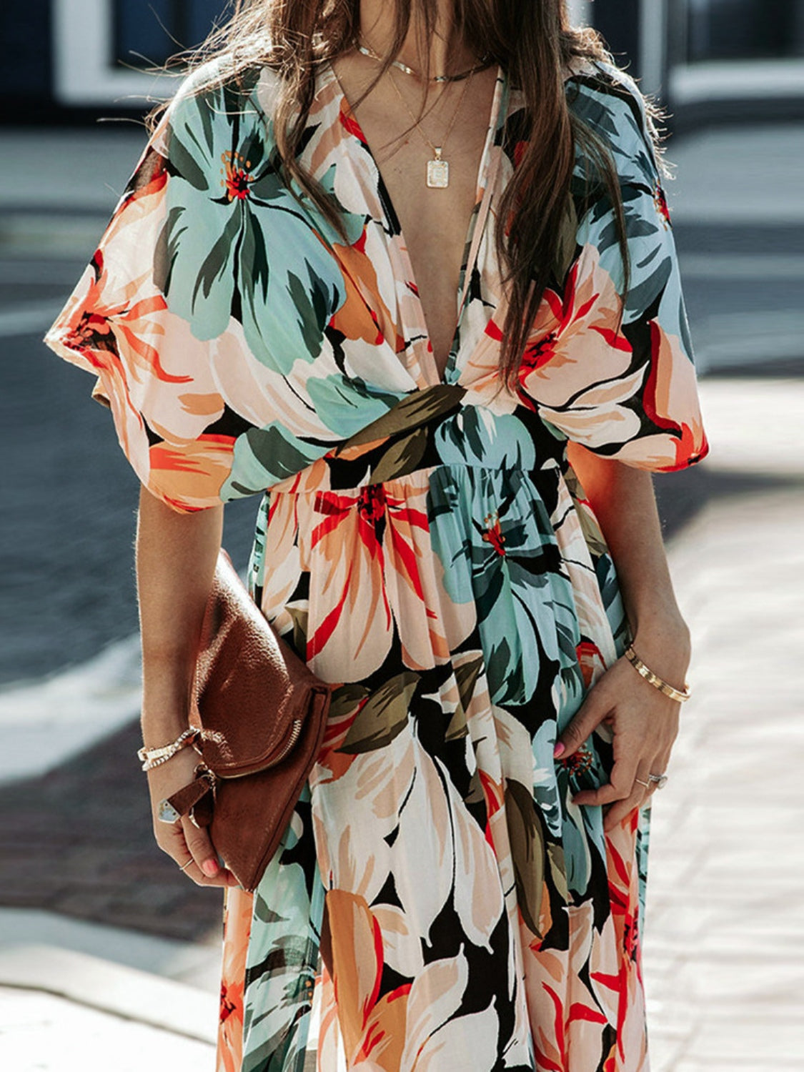 Venice Floral Plunge Half Sleeve Dress