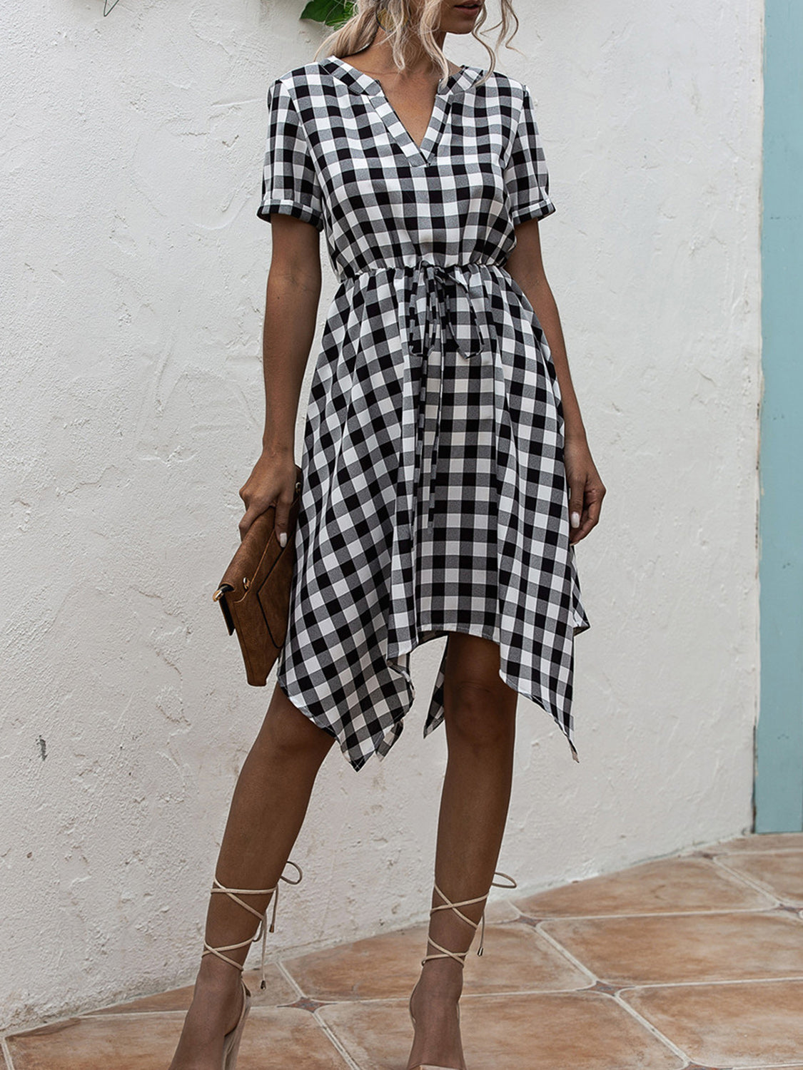 Sandwich Short Of a Picnic Plaid Notched Short Sleeve Dress