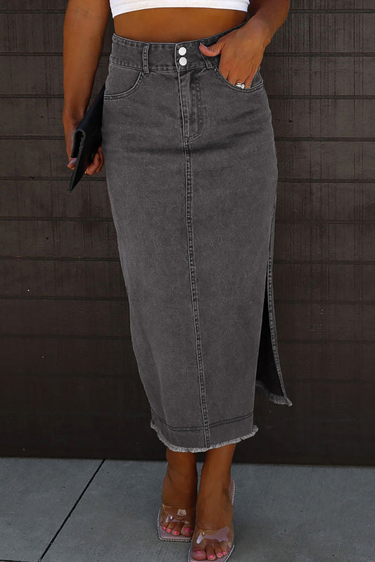 Harley Honey Raw Hem Slit Pocketed Midi Denim Skirt