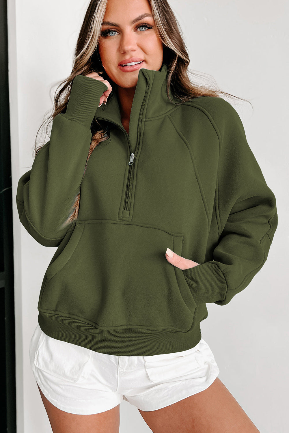 Monica Zip Up Stand Collar Thumbhole Sleeve Sweatshirt