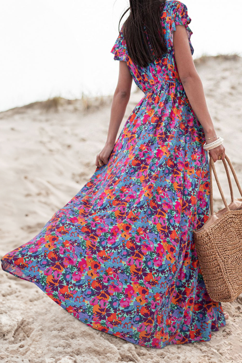 Blue Lagoon Boho Floral Print V Neck Wrap Split Maxi Dress