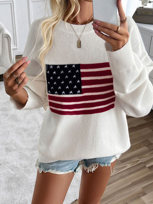 🇺🇸Devin US Flag Round Neck Long Sleeve Knit Top