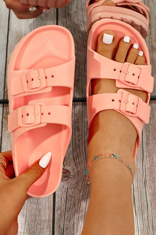 Brooke Black, Whute and Peach Solid Color Buckle Straps Beach Slippers