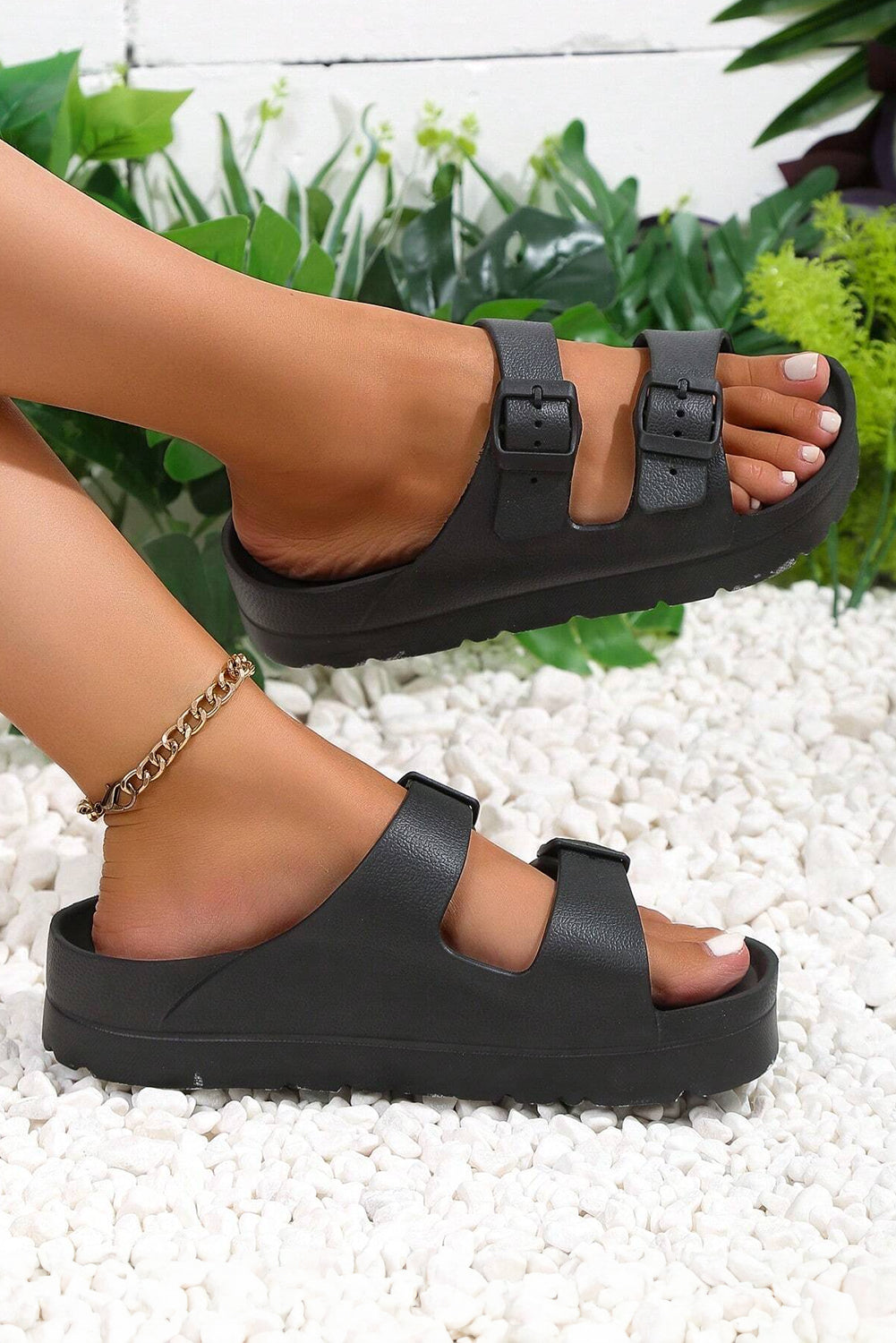 Brooke Black, Whute and Peach Solid Color Buckle Straps Beach Slippers