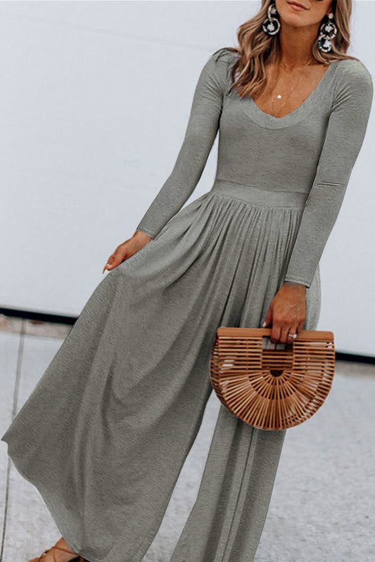 Adley Grey Solid Color Long Sleeve Wide Leg Jumpsuit