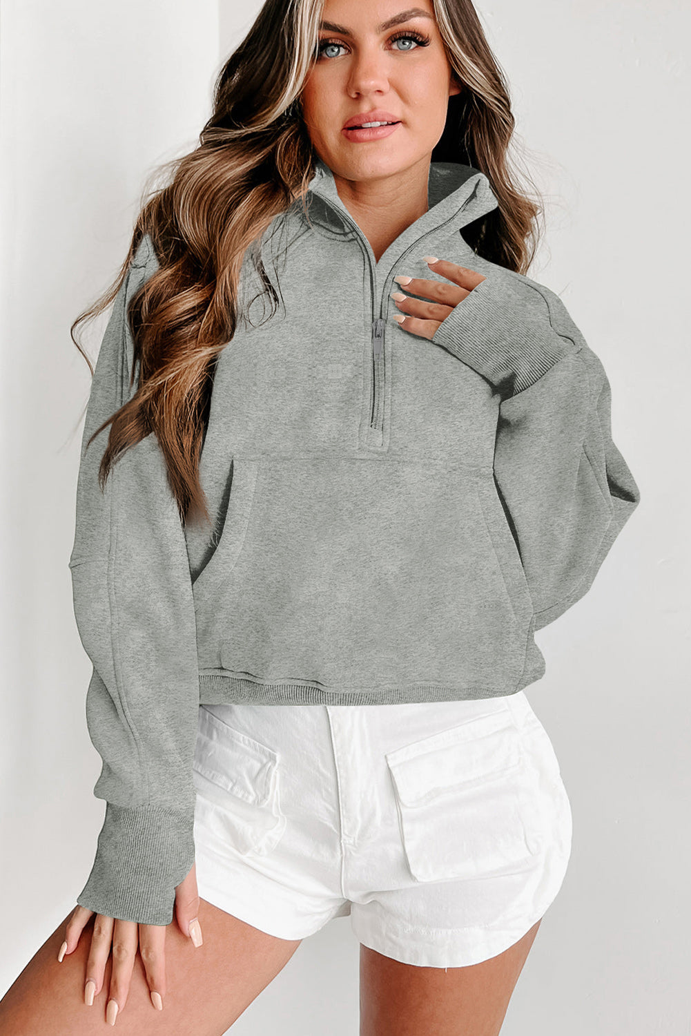 Monica Zip Up Stand Collar Thumbhole Sleeve Sweatshirt