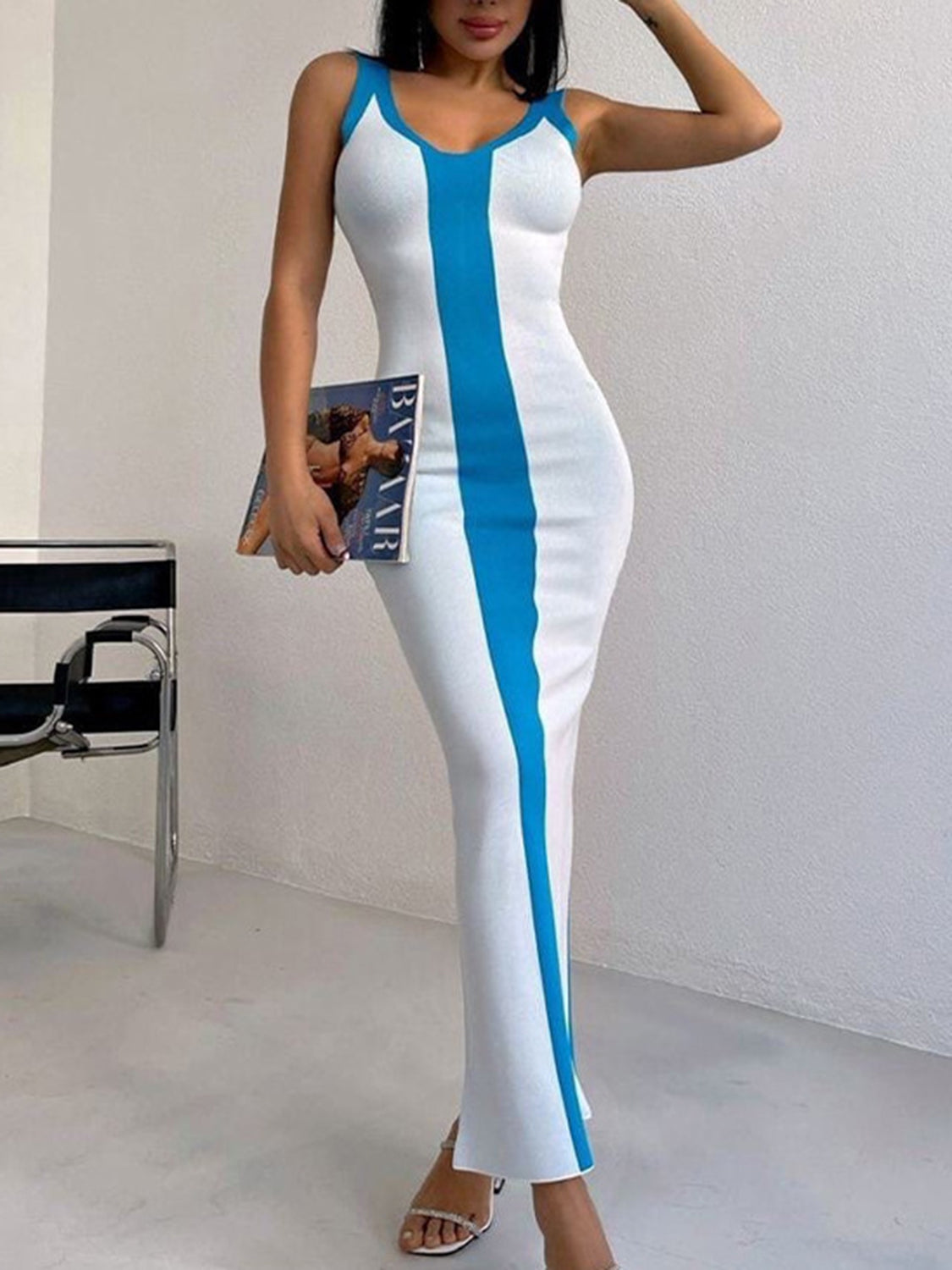 Coco Contrast Wide Strap Slit Midi Dress
