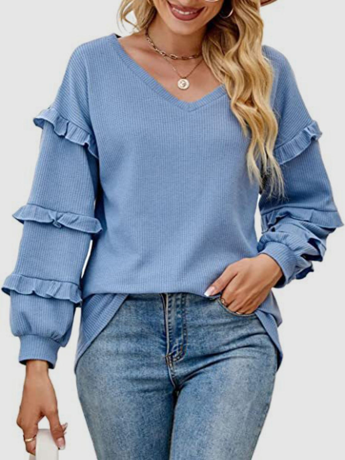 Roberta Ruffled V-Neck Long Sleeve T-Shirt