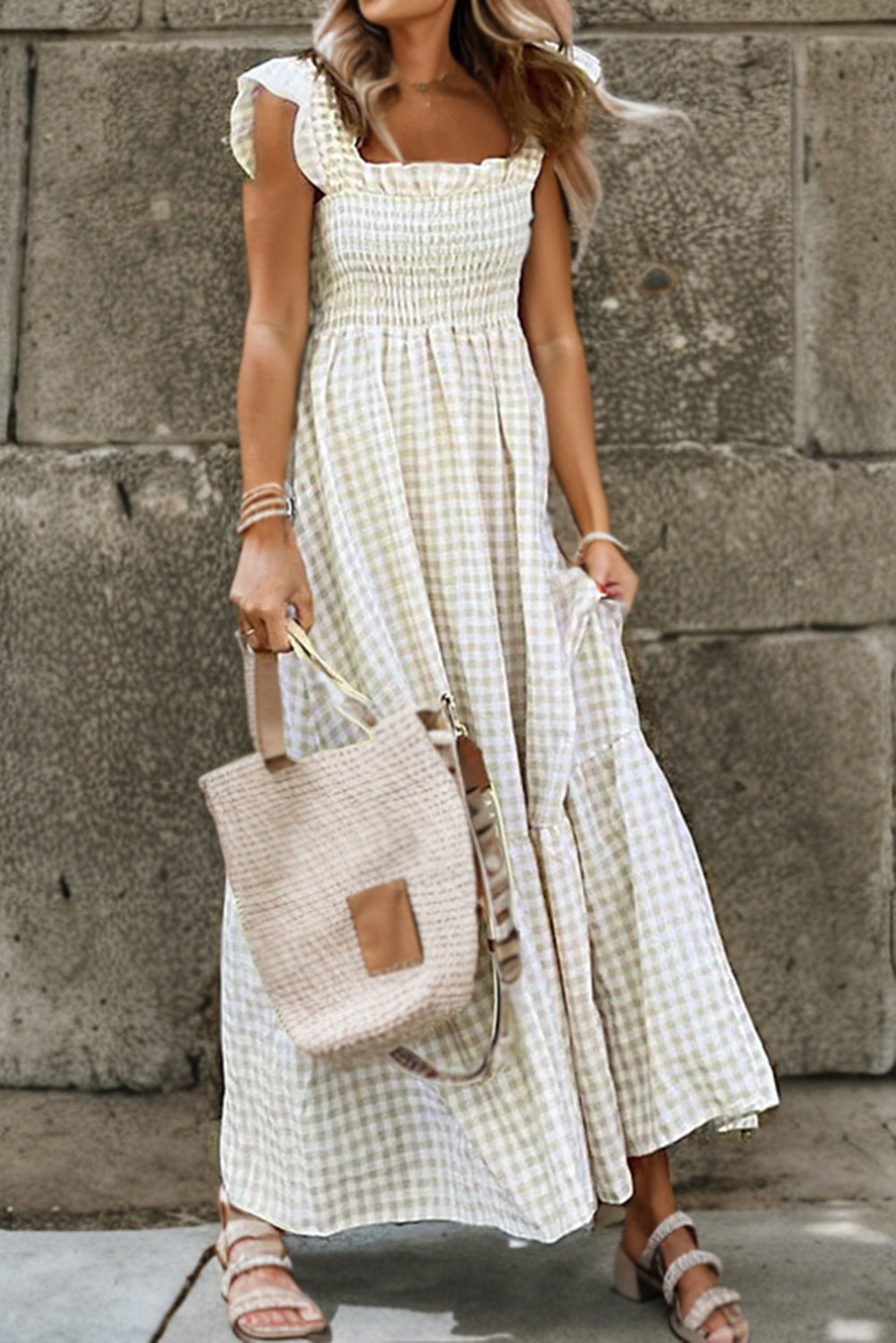 Kaylee Khaki Plaid Ruffled Sleeveless Smocked Maxi Dress