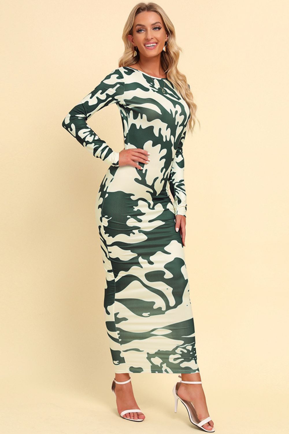 Birch Printed Backless Long Sleeve Maxi Dress