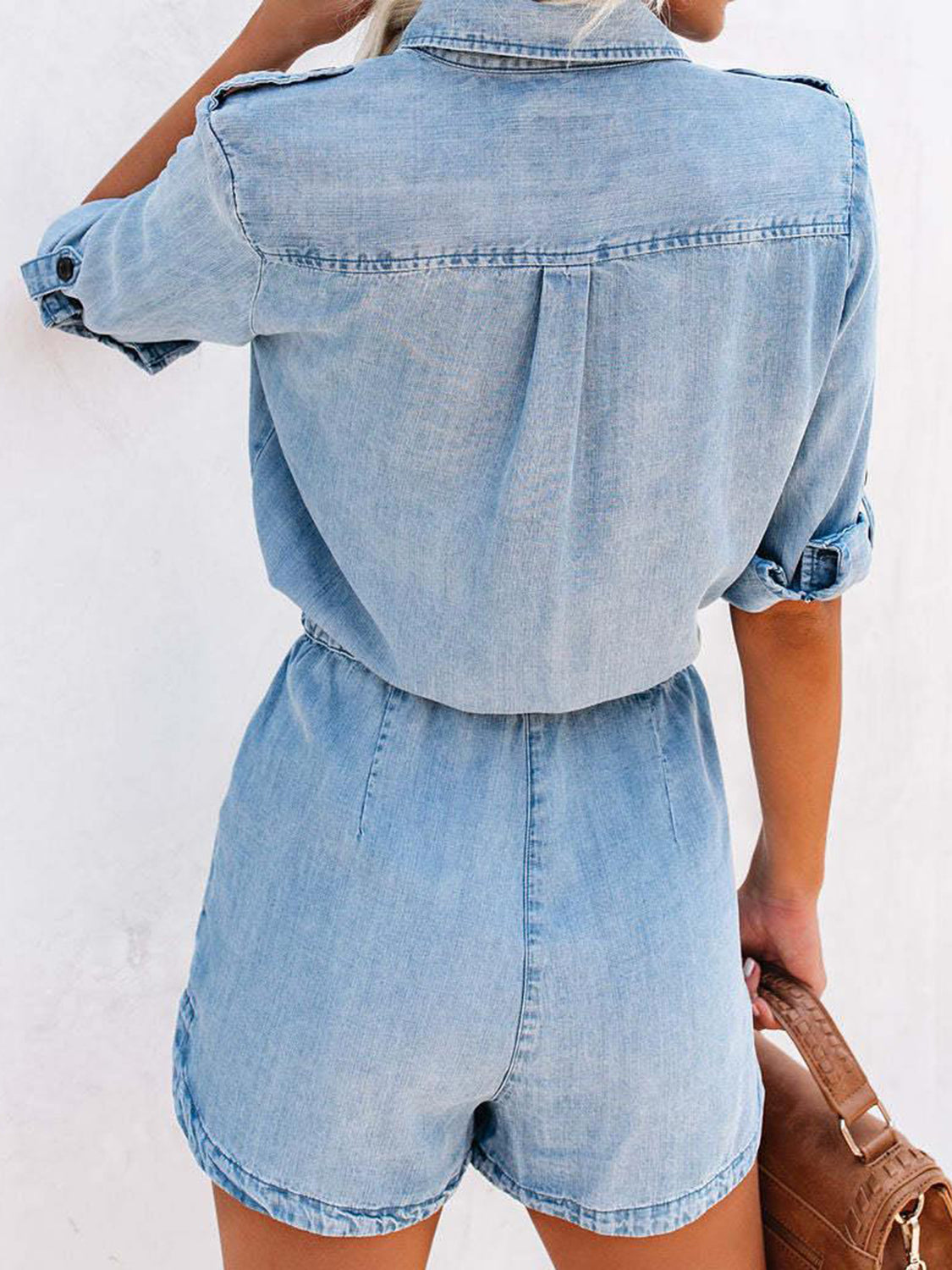 Dawn Drawstring Half Button Half Sleeve Denim Romper