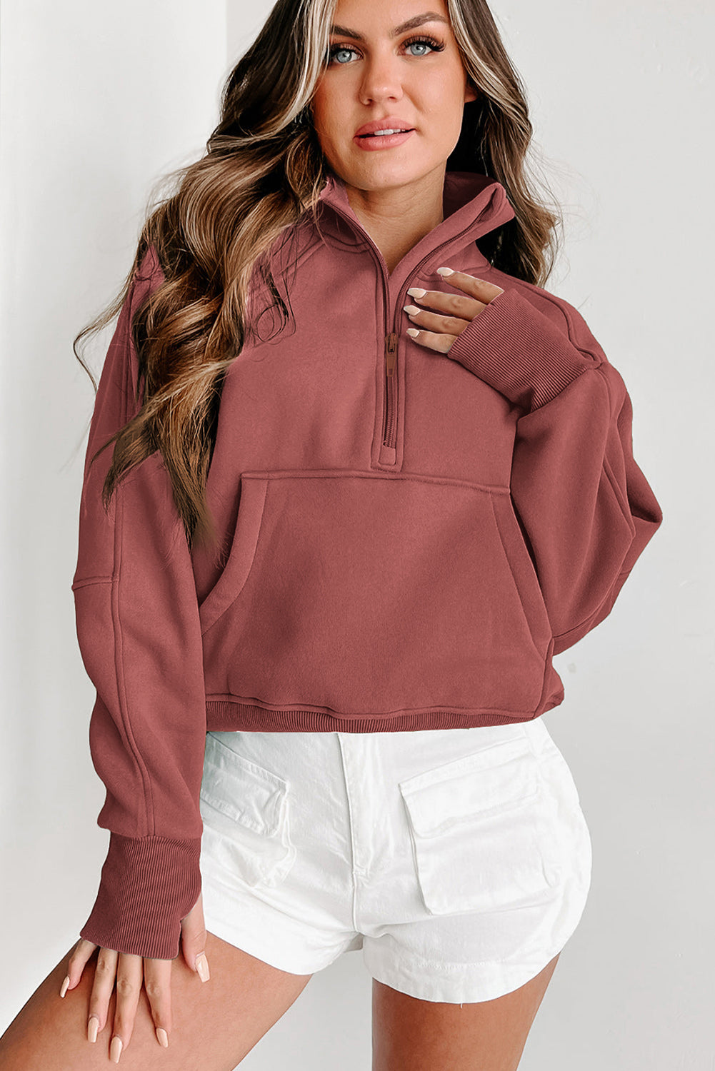 Monica Zip Up Stand Collar Thumbhole Sleeve Sweatshirt