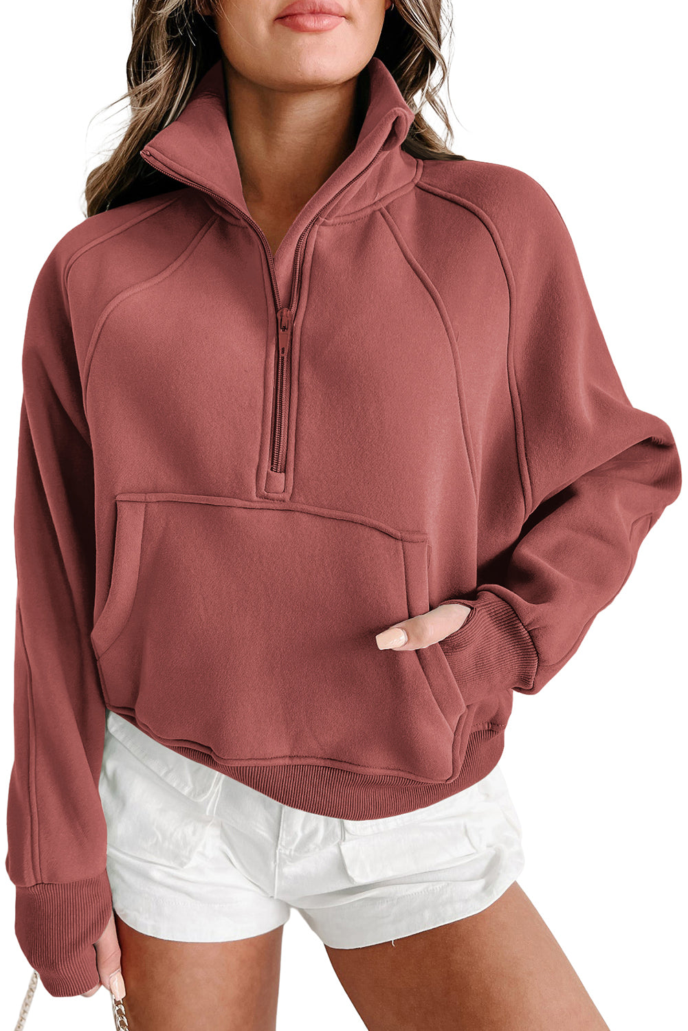 Monica Zip Up Stand Collar Thumbhole Sleeve Sweatshirt