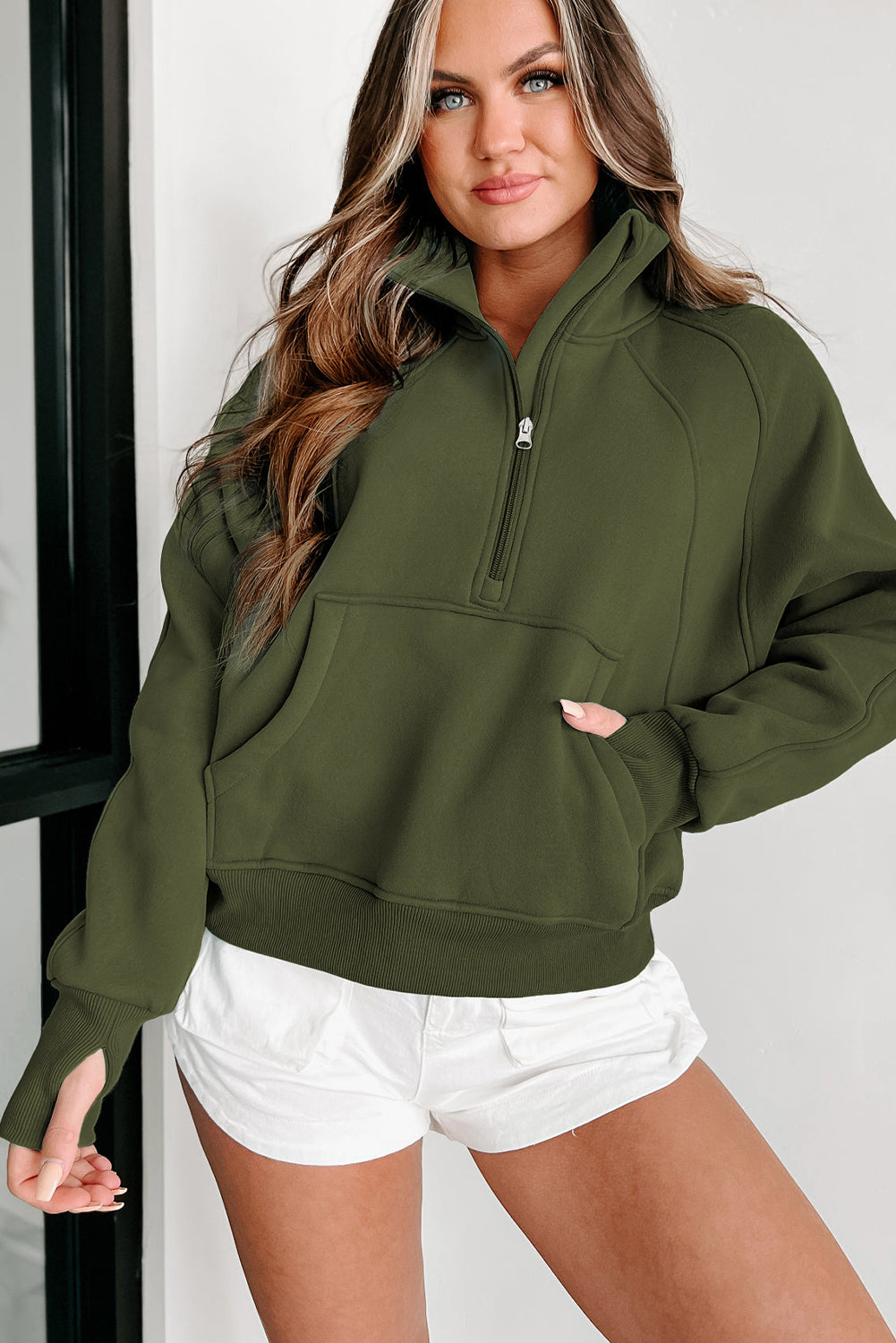 Monica Zip Up Stand Collar Thumbhole Sleeve Sweatshirt