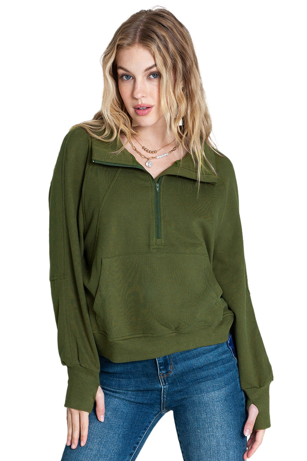 Monica Zip Up Stand Collar Thumbhole Sleeve Sweatshirt