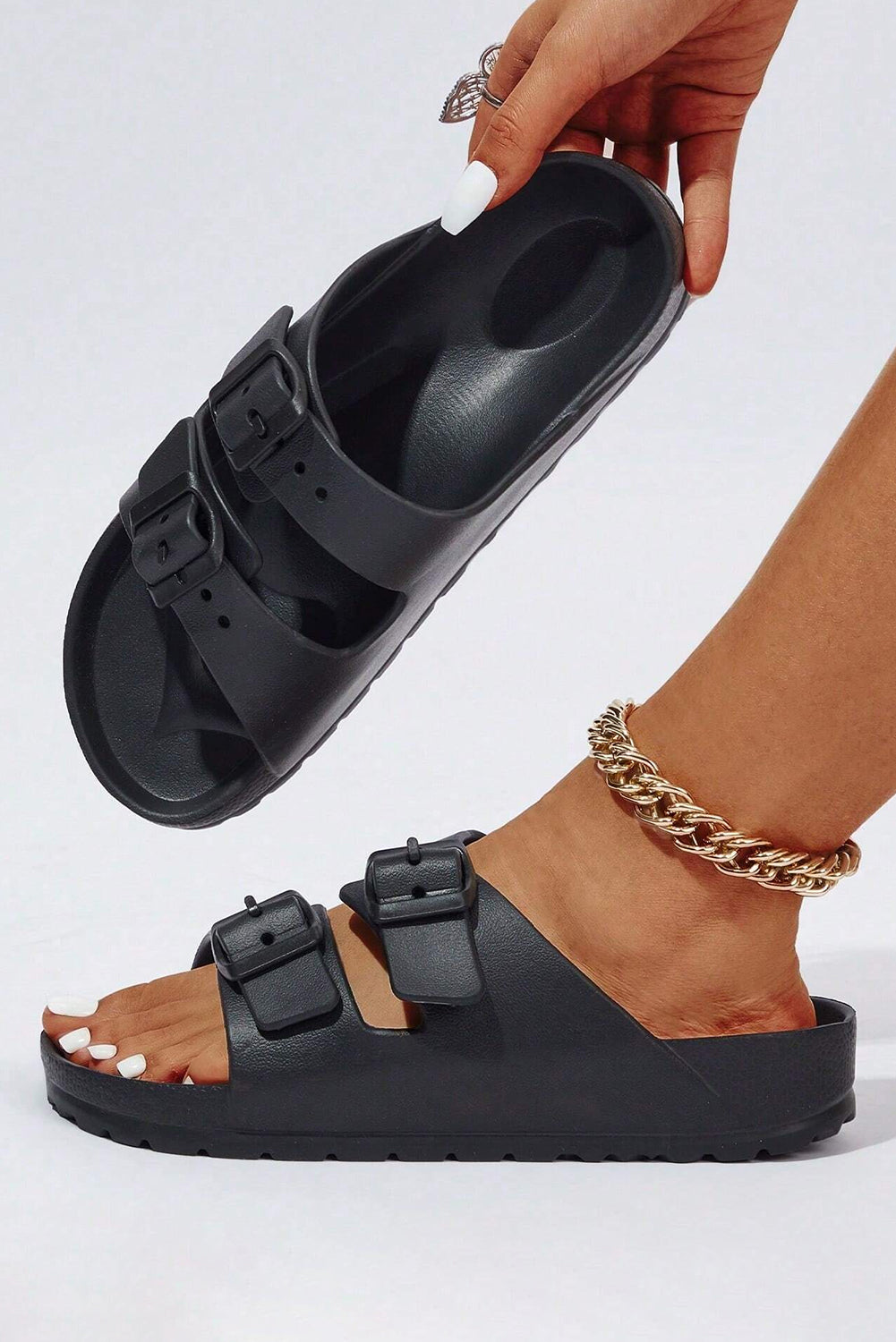Brooke Black, Whute and Peach Solid Color Buckle Straps Beach Slippers