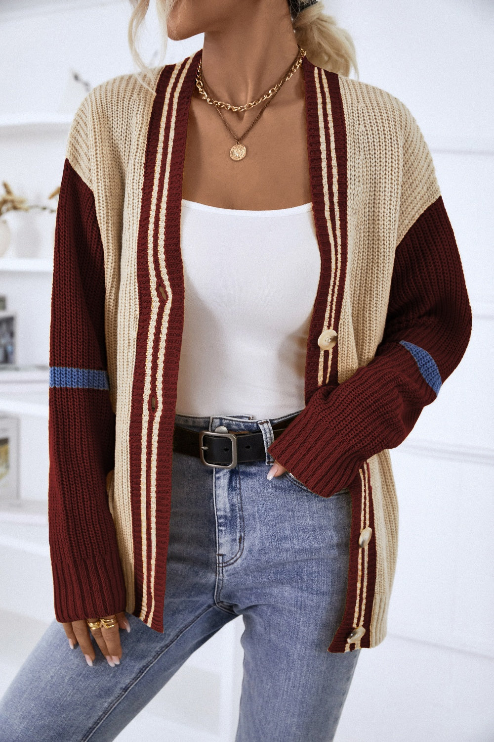 Toni Contrast Button Up Dropped Shoulder Cardigan