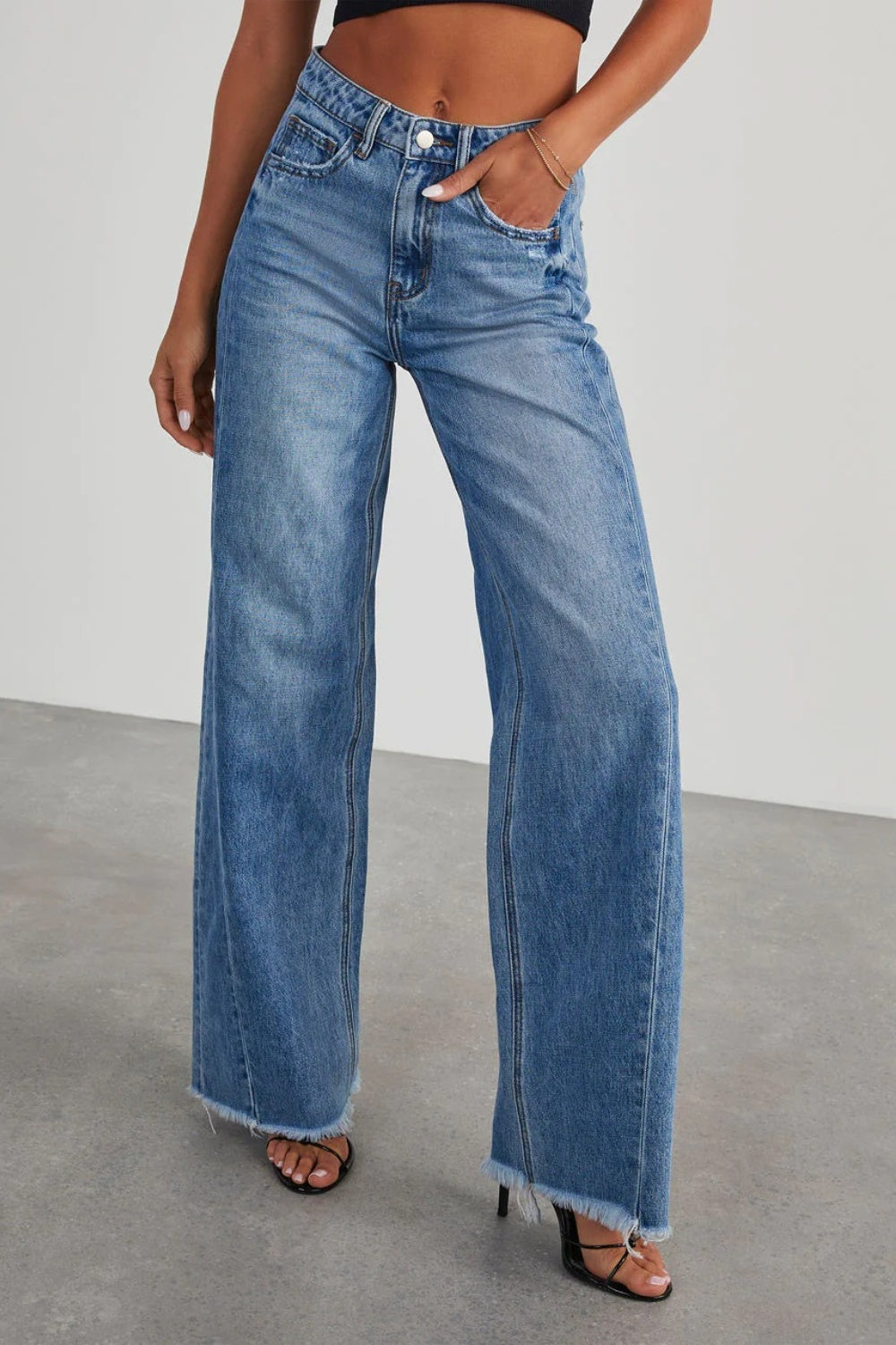Teen Spirit Raw Hem Wide Leg Jeans with Pockets