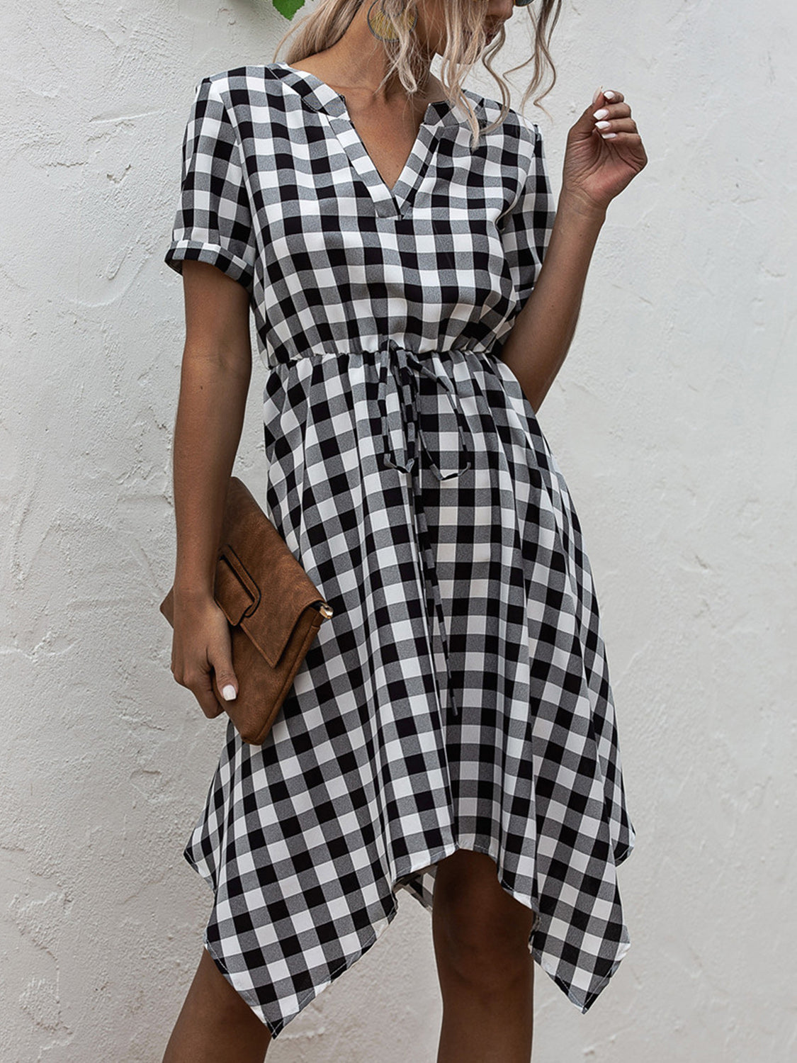 Sandwich Short Of a Picnic Plaid Notched Short Sleeve Dress