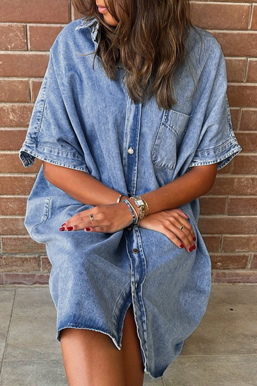 Shera Light Blue Vintage Wash Loose Denim Shirt Dress