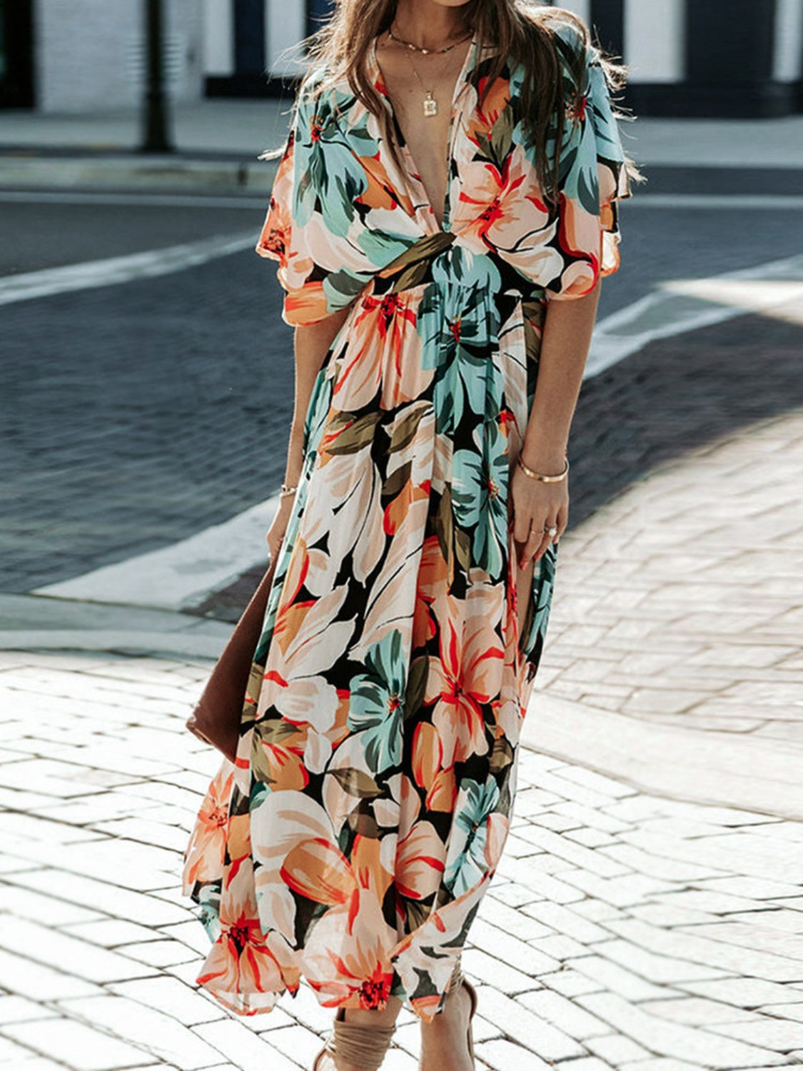 Venice Floral Plunge Half Sleeve Dress