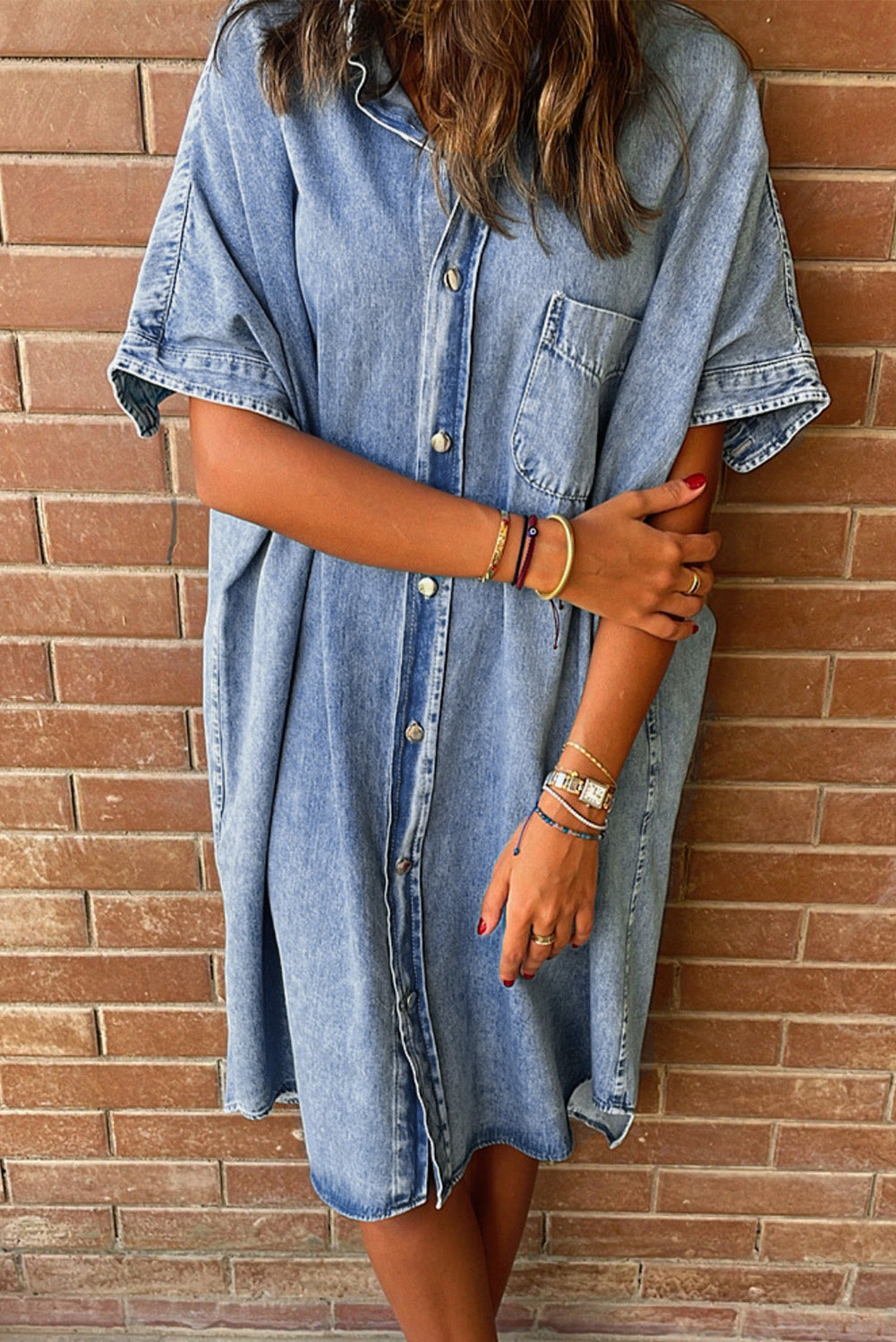 Shera Light Blue Vintage Wash Loose Denim Shirt Dress