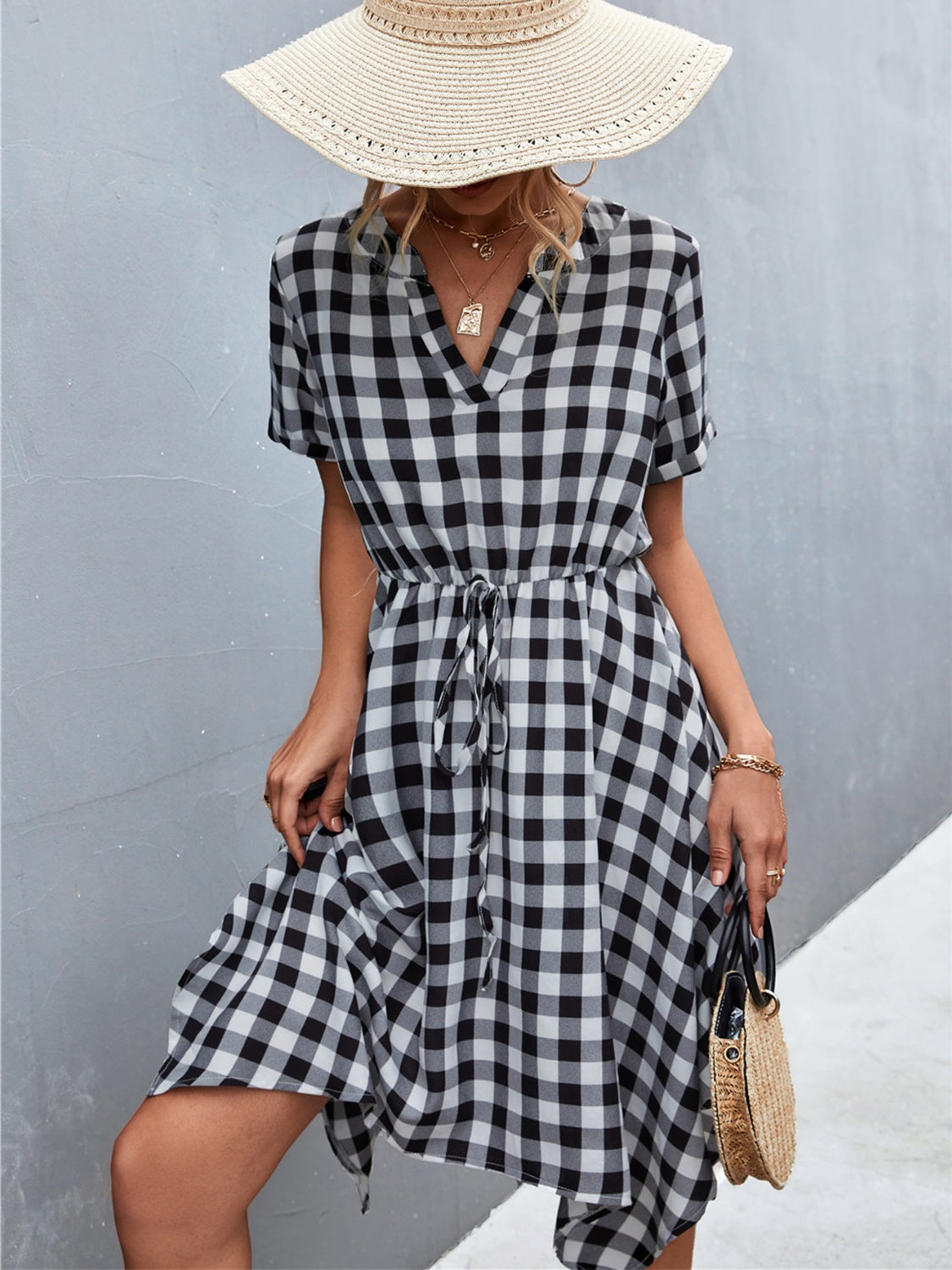 Sandwich Short Of a Picnic Plaid Notched Short Sleeve Dress