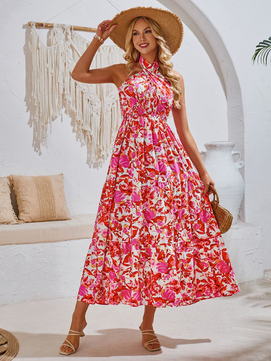 Solana Smocked Printed Sleeveless Midi Dress