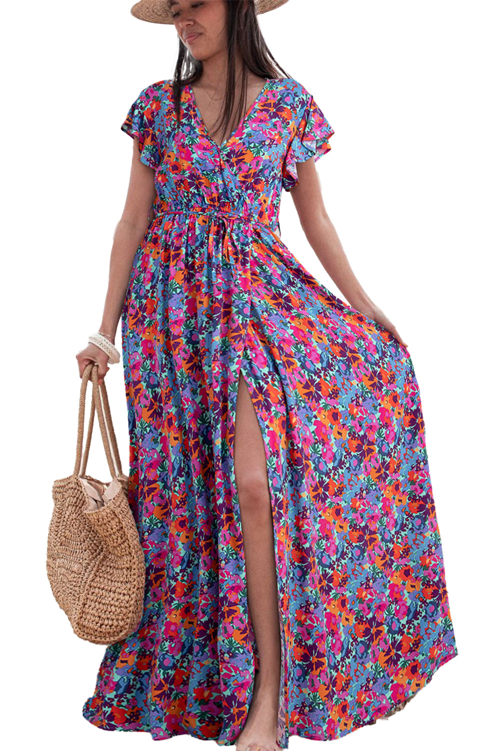 Blue Lagoon Boho Floral Print V Neck Wrap Split Maxi Dress