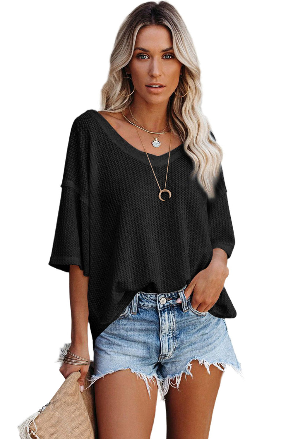 Whilemina White Waffle Knit Casual Drop Shoulder Loose Top