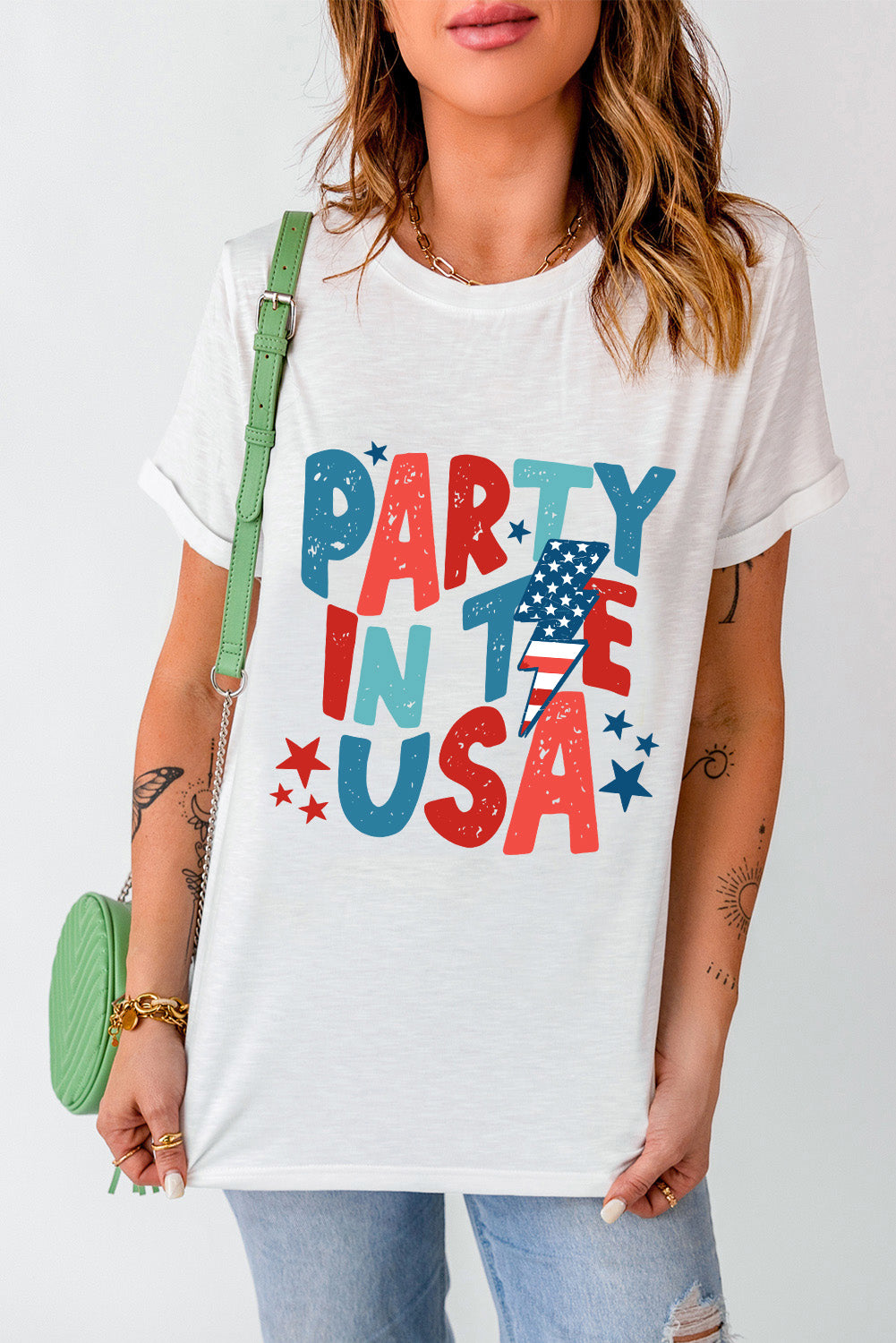 Party in the USA Letter Graphic Round Neck Short Sleeve T-Shirt