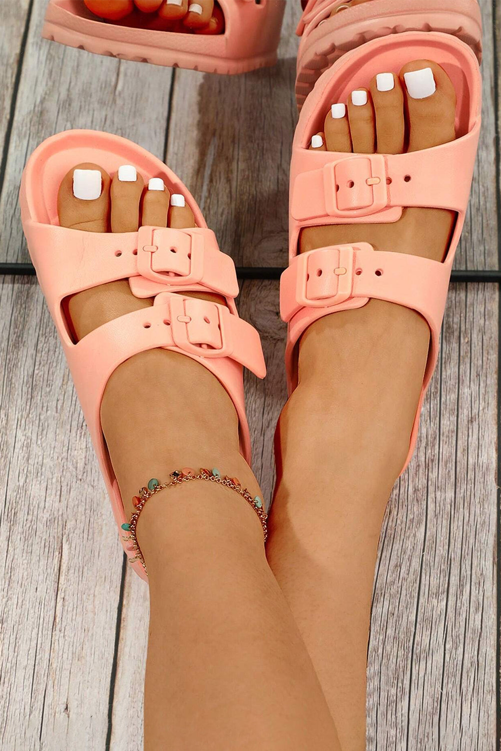 Brooke Black, Whute and Peach Solid Color Buckle Straps Beach Slippers