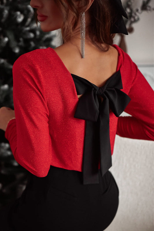 Mr. Claus Bowknot V-Neck Long Sleeve Blouse