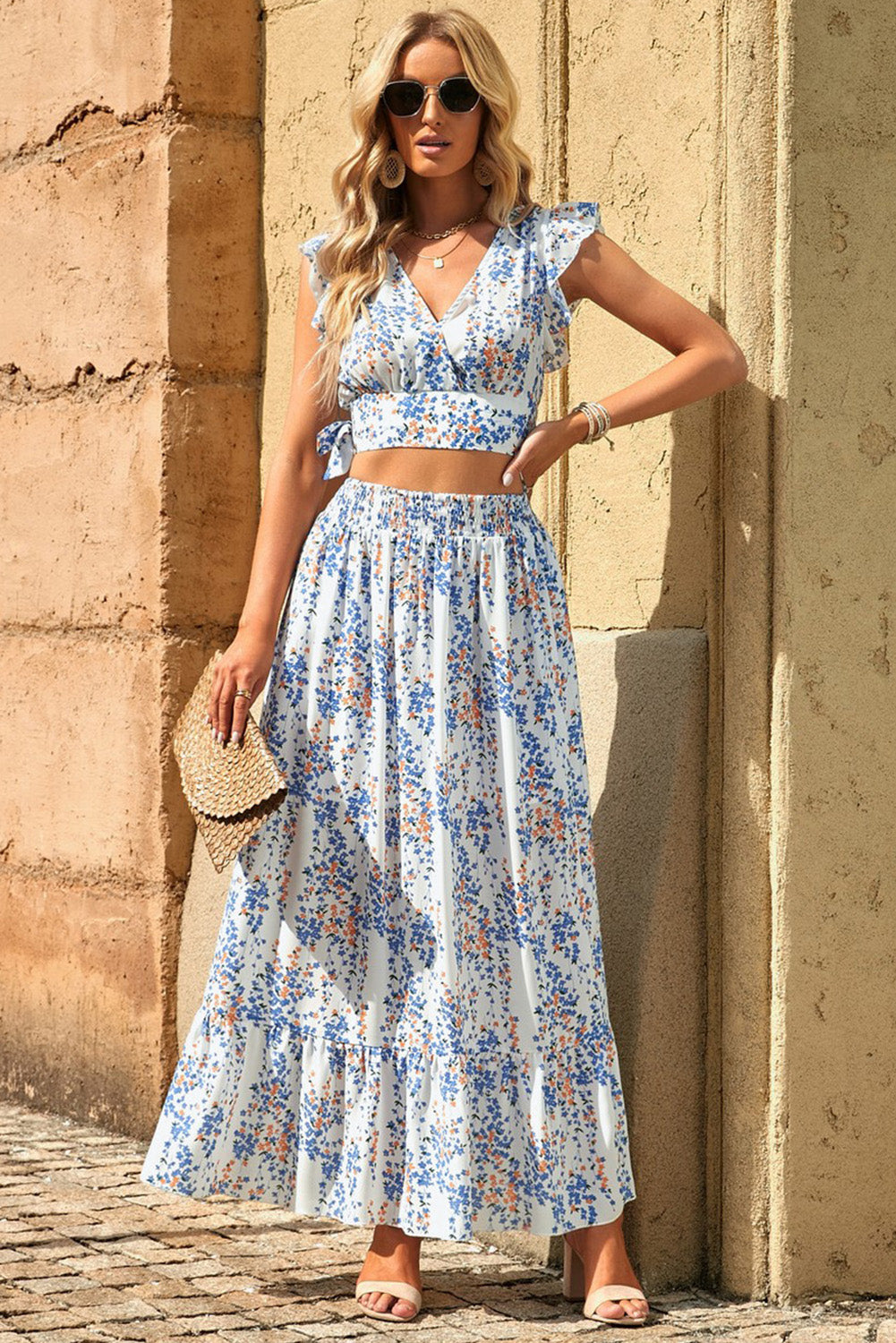 Anatolia Printed Tie Back Cropped Top and Maxi Skirt Set