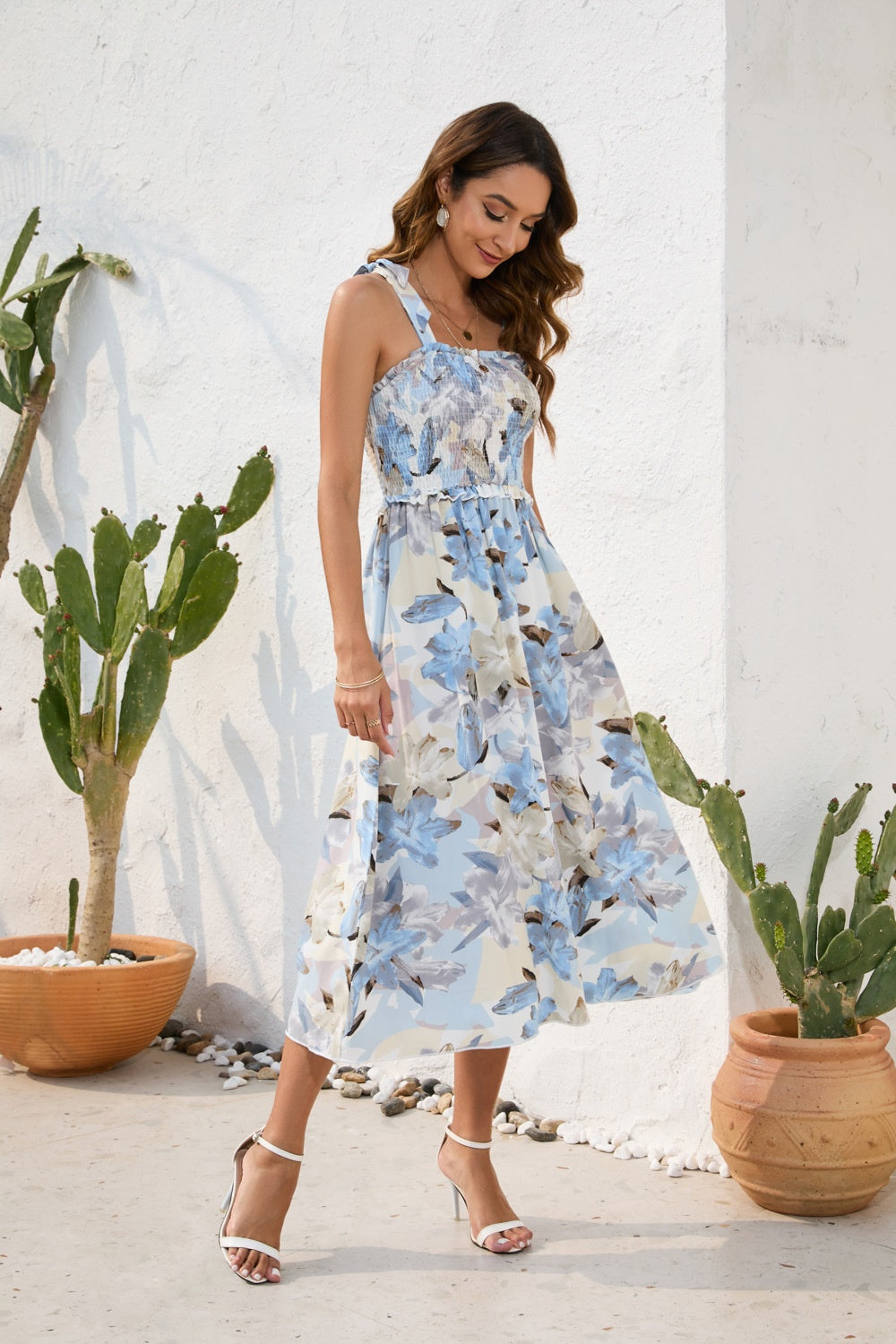 Trina Smocked Printed Square Neck Midi Dress